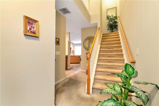 staircase featuring carpet