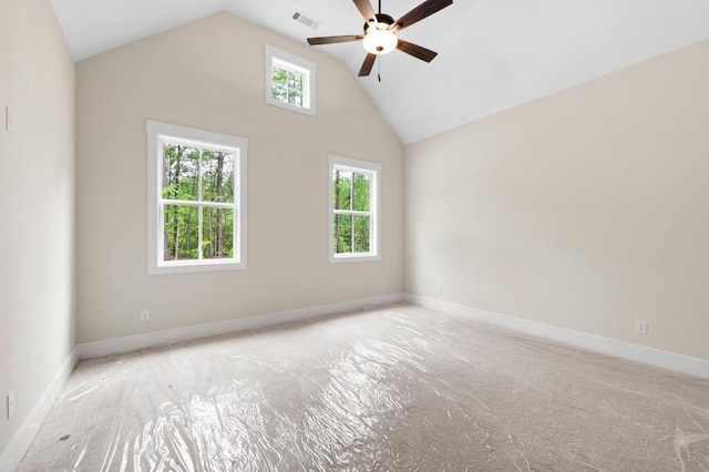 130 Doris Path, Dallas, GA 30157 - unfurnished room with ceiling fan, plenty of natural light, high vaulted ceiling, and baseboards
