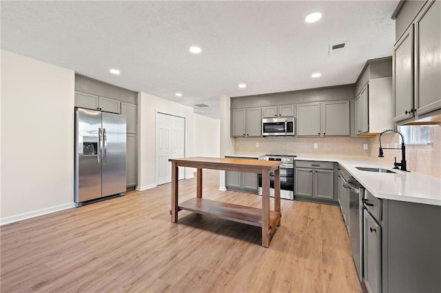 kitchen featuring appliances with stainless steel finishes, gray cabinets, sink, and backsplash