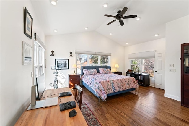 bedroom with ceiling fan, recessed lighting, vaulted ceiling, and wood finished floors