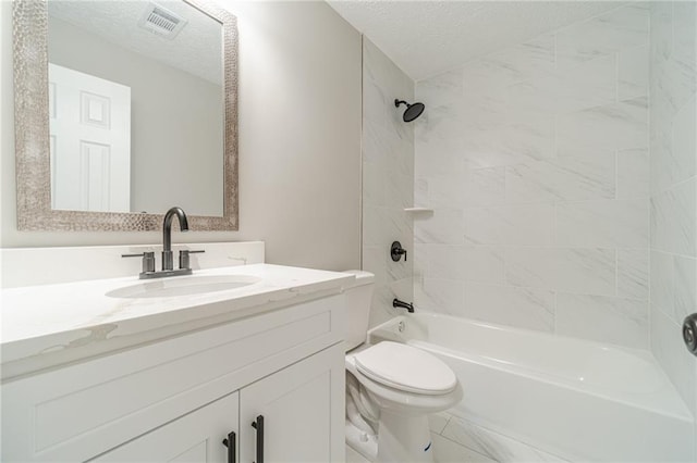 bathroom featuring toilet, a textured ceiling, shower / bathtub combination, and vanity