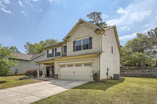 view of front of property with central AC unit, an attached garage, a front lawn, and concrete driveway