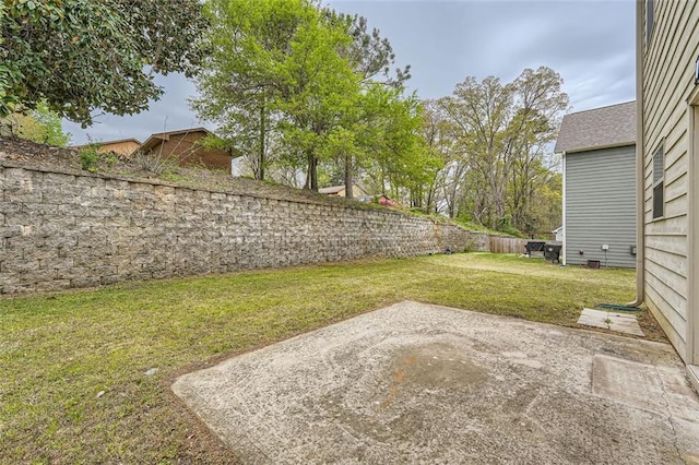 view of yard featuring a patio area and a fenced backyard