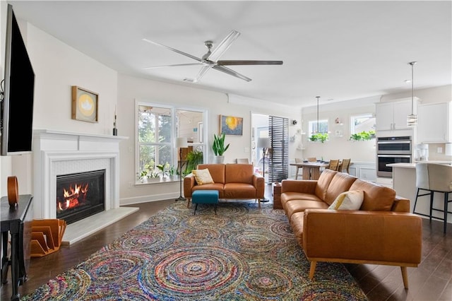 living room with dark hardwood / wood-style flooring and ceiling fan