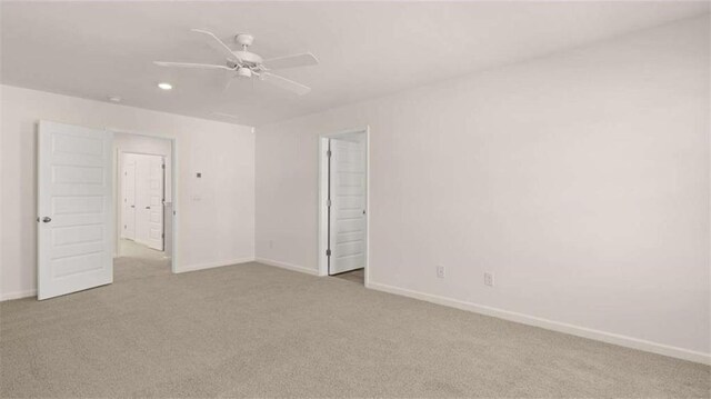 carpeted empty room featuring recessed lighting, baseboards, and ceiling fan
