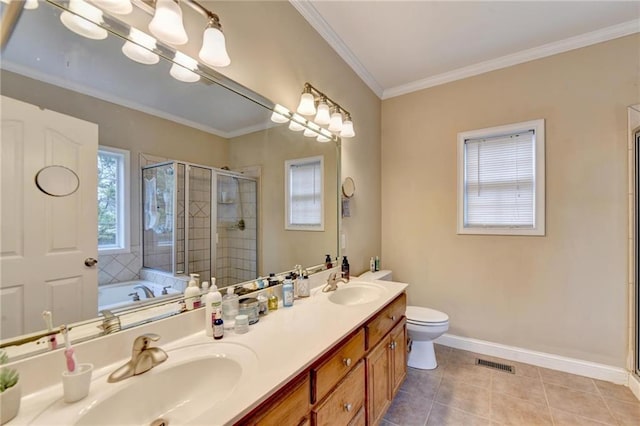 39 Legendary Dr, Hoschton, GA 30548 - bathroom featuring double vanity, a shower stall, tile patterned floors, a bath, and ornamental molding