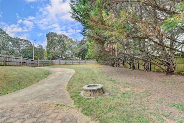 39 Legendary Dr, Hoschton, GA 30548 - fenced backyard with a fire pit and view of scattered trees