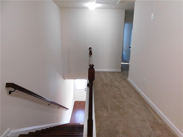 stairway with attic access, carpet, and baseboards