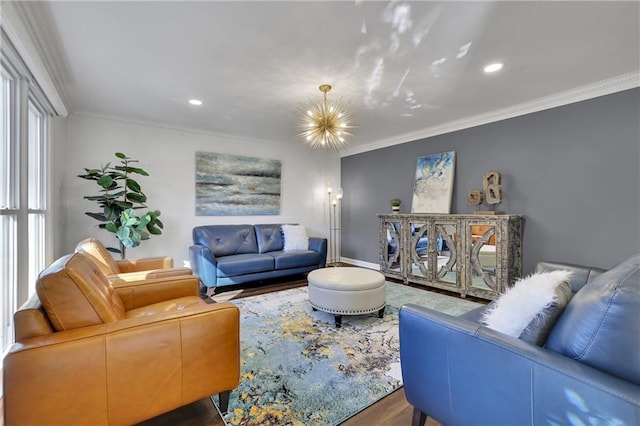 living room with ornamental molding and dark hardwood / wood-style flooring