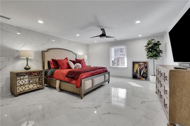 bedroom featuring ornamental molding and ceiling fan