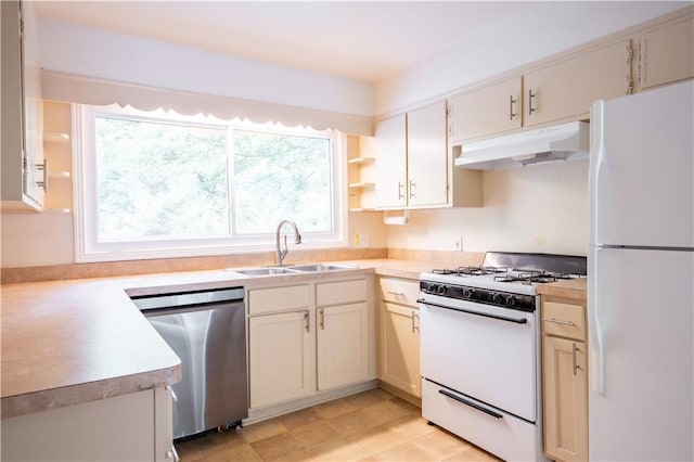153 Hood Cir, Decatur, GA 30030 - kitchen featuring light countertops, white appliances, under cabinet range hood, a sink, and open shelves