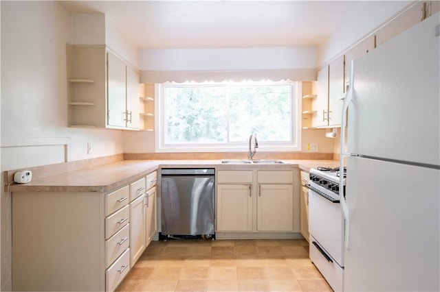153 Hood Cir, Decatur, GA 30030 - kitchen featuring light countertops, a sink, open shelves, and white appliances