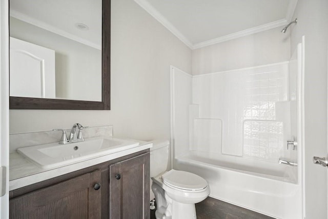 full bathroom with toilet, hardwood / wood-style flooring, ornamental molding, tub / shower combination, and vanity