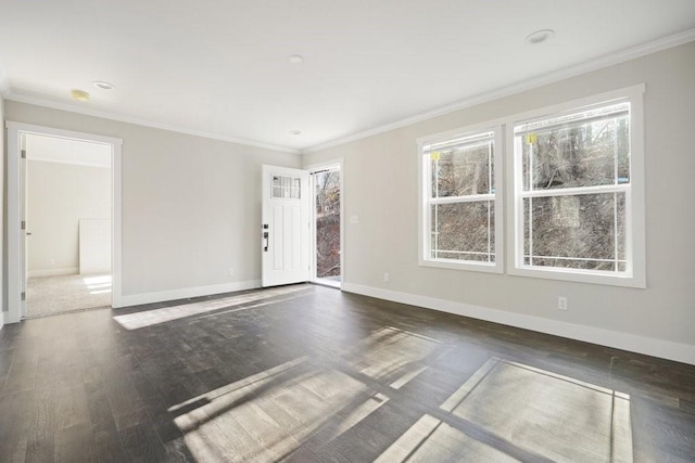 spare room featuring dark wood-type flooring and crown molding