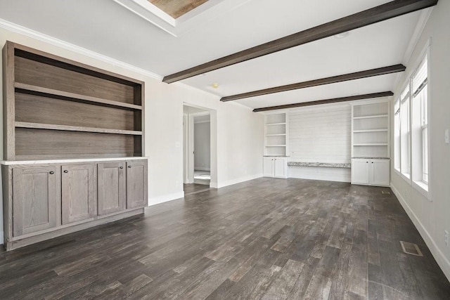 unfurnished living room with built in shelves and dark hardwood / wood-style floors