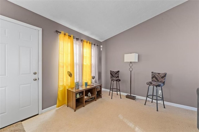 miscellaneous room with lofted ceiling and carpet