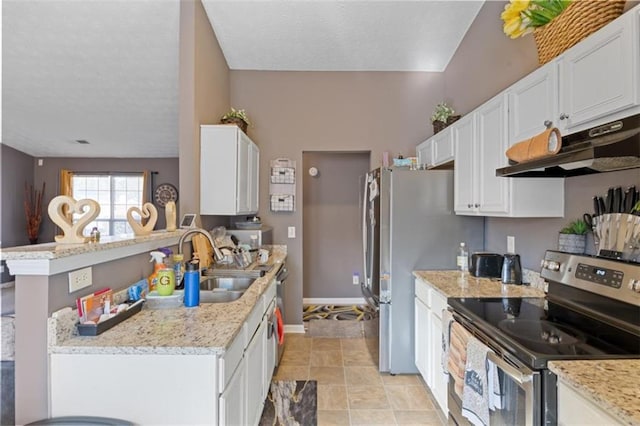 kitchen with white cabinetry, stainless steel electric stove, sink, and kitchen peninsula