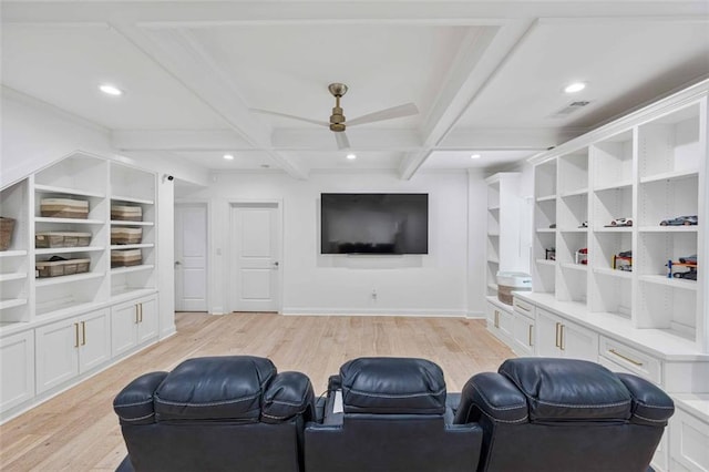 living area with ceiling fan, visible vents, light wood-style flooring, and beam ceiling