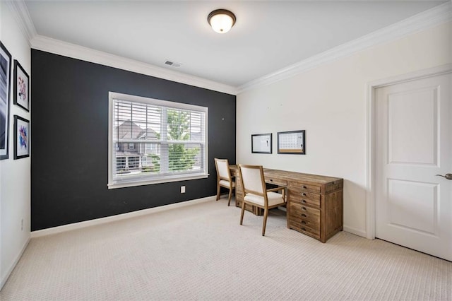 office with baseboards, ornamental molding, and carpet