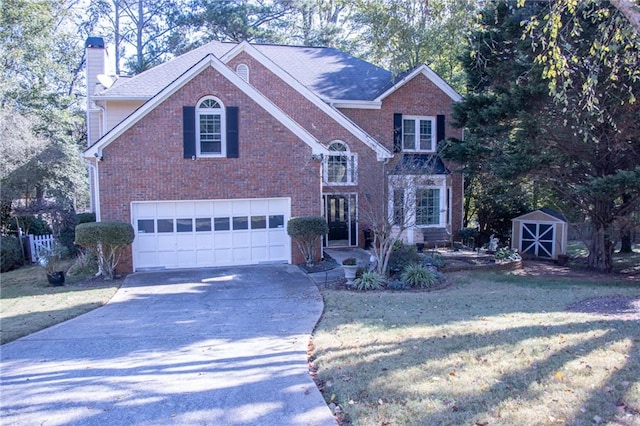 front facade featuring a shed, a front yard, and a garage