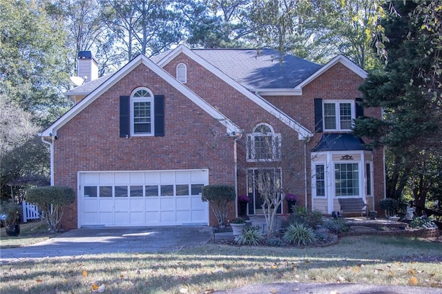 front facade with a front lawn and a garage