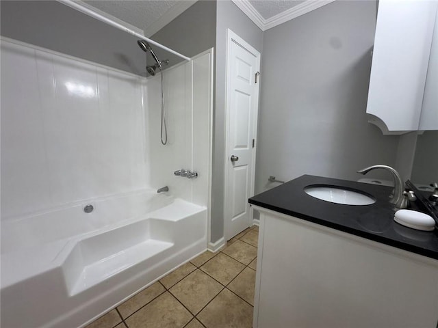 671 Peach Crossing Dr, Dallas, GA 30132 - bathroom featuring crown molding, bathtub / shower combination, tile patterned flooring, vanity, and a textured ceiling