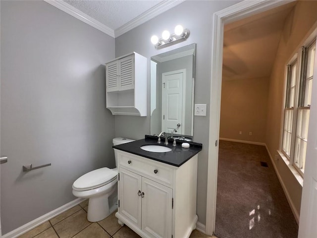 671 Peach Crossing Dr, Dallas, GA 30132 - half bath featuring vanity, ornamental molding, tile patterned floors, and a textured ceiling