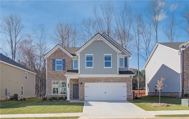 craftsman-style home featuring a garage, central AC, and a front lawn