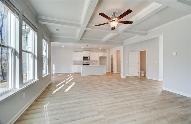 unfurnished living room with coffered ceiling, light hardwood / wood-style flooring, ceiling fan, and beam ceiling