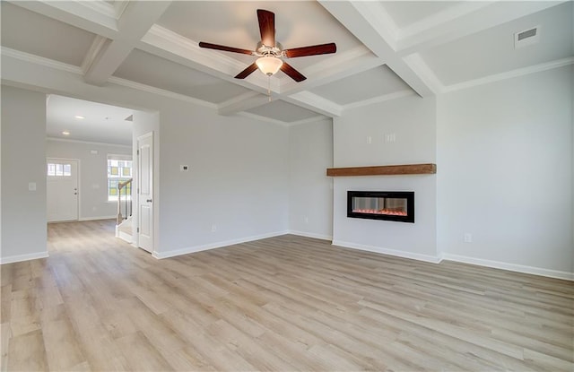 unfurnished living room featuring beamed ceiling, crown molding, light hardwood / wood-style floors, coffered ceiling, and ceiling fan