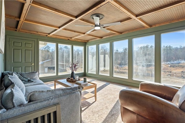 sunroom with wooden ceiling, ceiling fan, and coffered ceiling