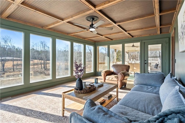 sunroom / solarium featuring wooden ceiling, ceiling fan, and coffered ceiling