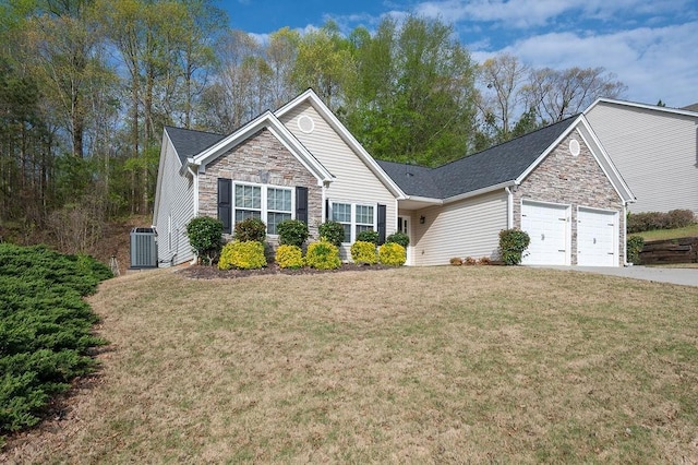 ranch-style house featuring stone siding, central AC, an attached garage, and a front lawn