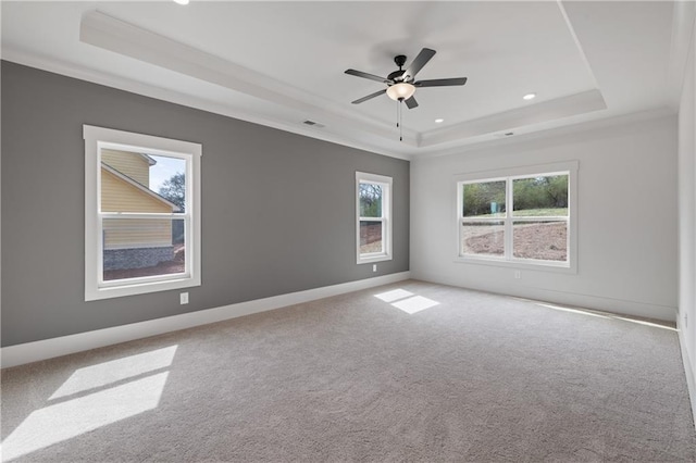 empty room featuring baseboards, a raised ceiling, and carpet