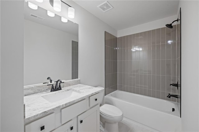 full bath featuring visible vents, toilet, shower / bath combination, and vanity