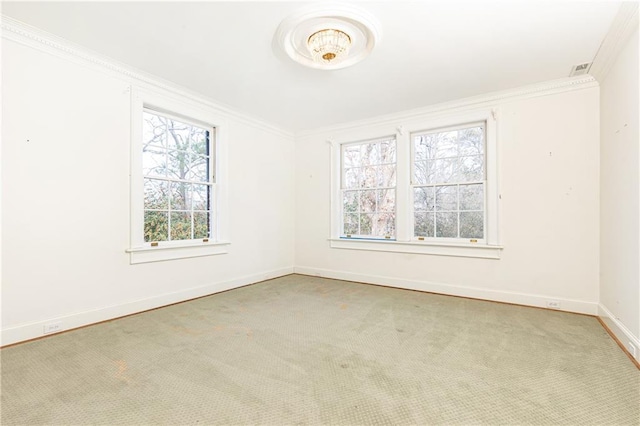 unfurnished room with ornamental molding and carpet floors