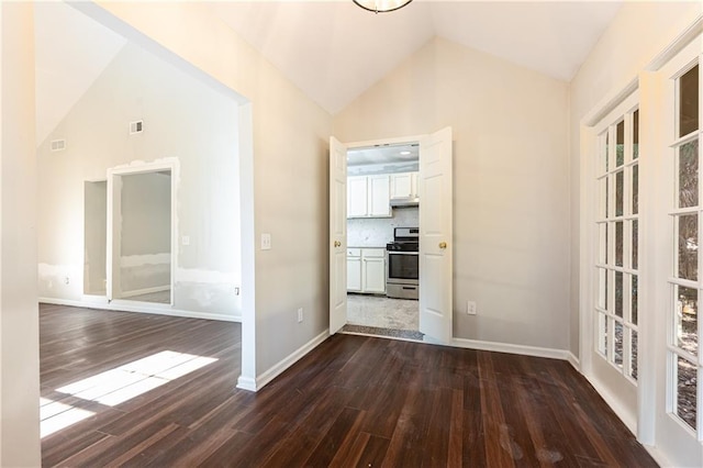 interior space featuring high vaulted ceiling and dark wood-type flooring