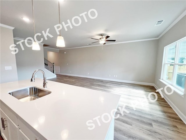 kitchen with crown molding, visible vents, hanging light fixtures, a sink, and wood finished floors