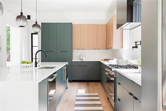3117 Robinson Ave, Scottdale, GA 30079 - kitchen with a sink, modern cabinets, exhaust hood, appliances with stainless steel finishes, and light wood-type flooring