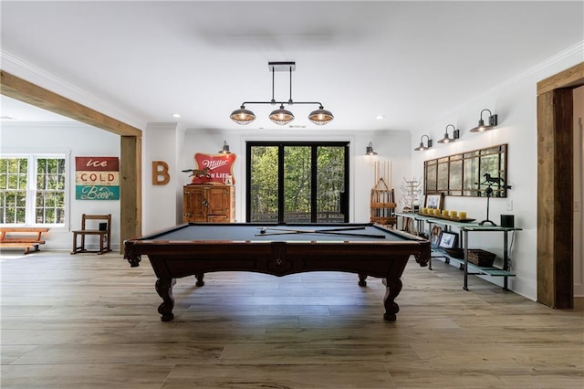 recreation room featuring ornamental molding, recessed lighting, wood finished floors, and pool table