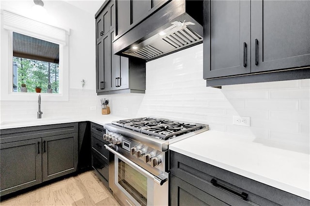 10862 Serenbe Ln, Chattahoochee Hills, GA 30268 - kitchen featuring stainless steel stove, range hood, backsplash, and light countertops