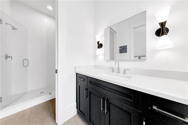 10862 Serenbe Ln, Chattahoochee Hills, GA 30268 - full bathroom with vanity, a stall shower, and tile patterned flooring
