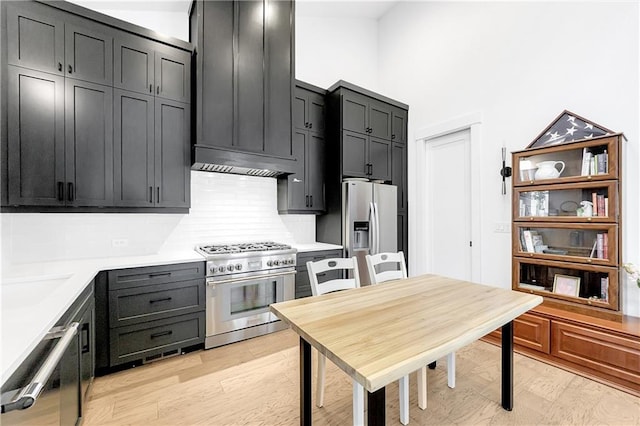 10862 Serenbe Ln, Chattahoochee Hills, GA 30268 - kitchen featuring appliances with stainless steel finishes, tasteful backsplash, light countertops, under cabinet range hood, and light wood-style flooring
