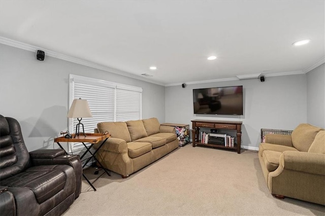 carpeted living room with crown molding