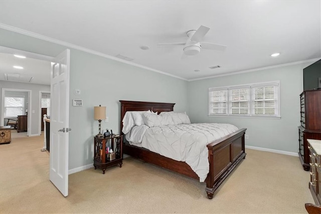 bedroom with ceiling fan, light colored carpet, and ornamental molding