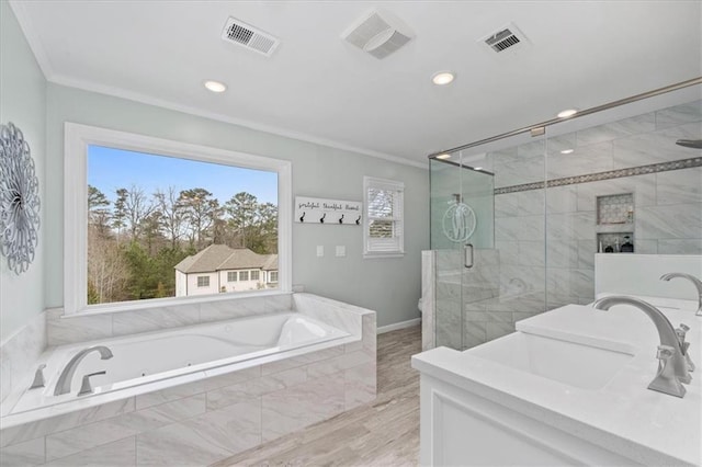 full bathroom with ornamental molding, separate shower and tub, sink, and toilet