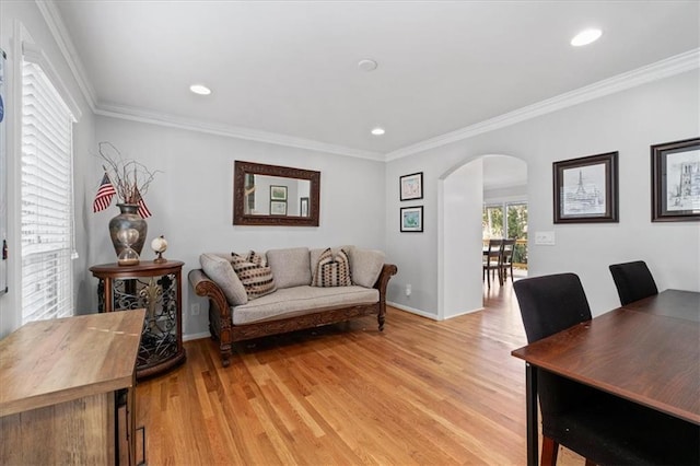 living room featuring crown molding and light hardwood / wood-style floors