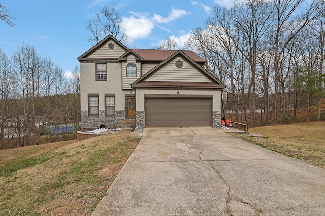 traditional home with an attached garage, driveway, a front lawn, and stone siding