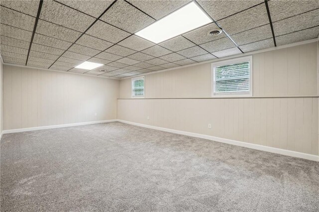 carpeted empty room with wooden walls and baseboards