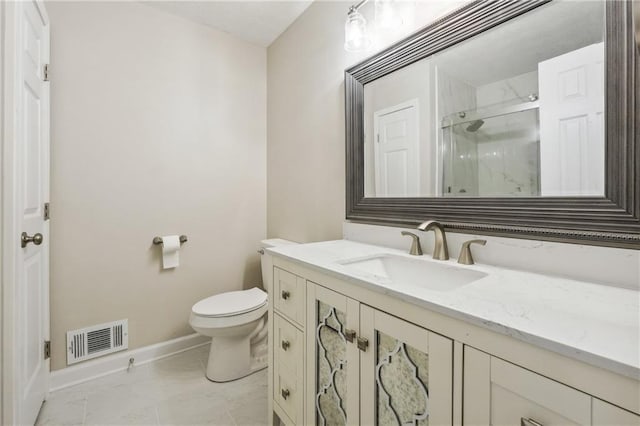full bath with visible vents, a shower stall, baseboards, toilet, and marble finish floor